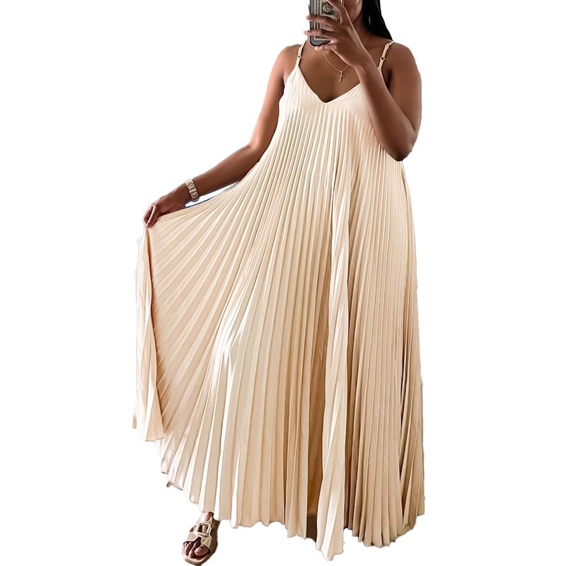 Novo estilo de saia longa plissada com decote em V e suspensório de praia estilo férias_voghion.com