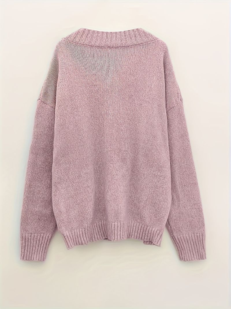 Elegant V-Neck Cable Knit Sweater – Oversized Long Sleeve Pullover (Winter Wool Blend, Boho Chic)_voghion.com
