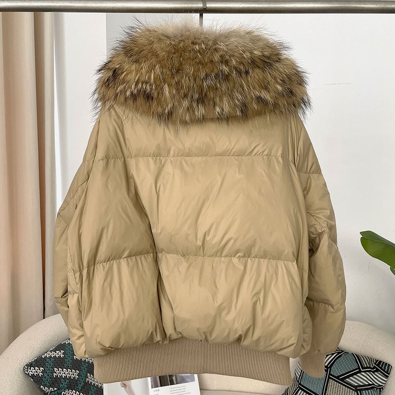 Women's Clothing Ready to stock detachable oversized raccoon fur collar winter women's short thickened white duck Warm jacket jacket flat coat coat_voghion.com