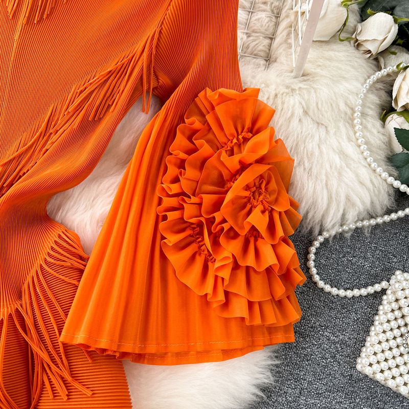 Robe longue plissée à manches trompette et col en V pour femme_voghion.com