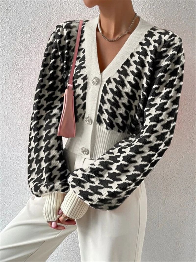 Dameskleding herfst en winter patroon lantaarn mouw gebreide cardigan trui korte jas_voghion.com