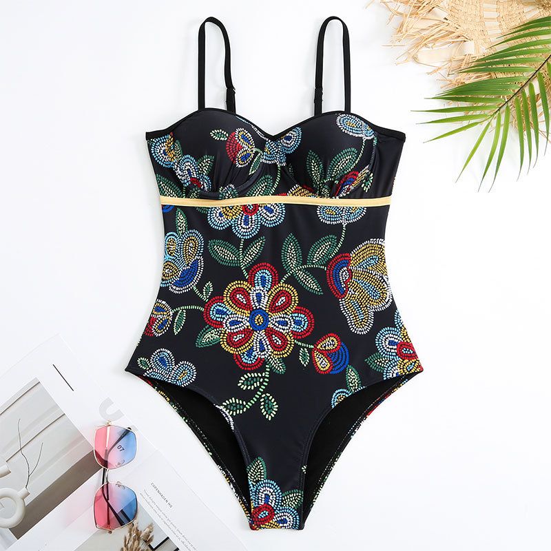Maillot de bain une pièce pour femme Maillot de bain moulant et rétro imprimé en mousseline de soie avec support en acier et sac rigide_voghion.com
