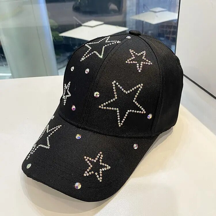Cappello da sole da donna con stella a cinque punte intarsiata con diamanti, berretto con visiera femminile casual regolabile in cotone primaverile ed estivo_voghion.com