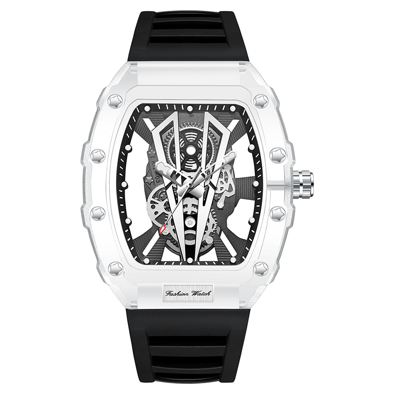 Nuovo orologio al quarzo luminoso da uomo con scheletro trasparente a forma di barile del marchio Kingston_voghion.com