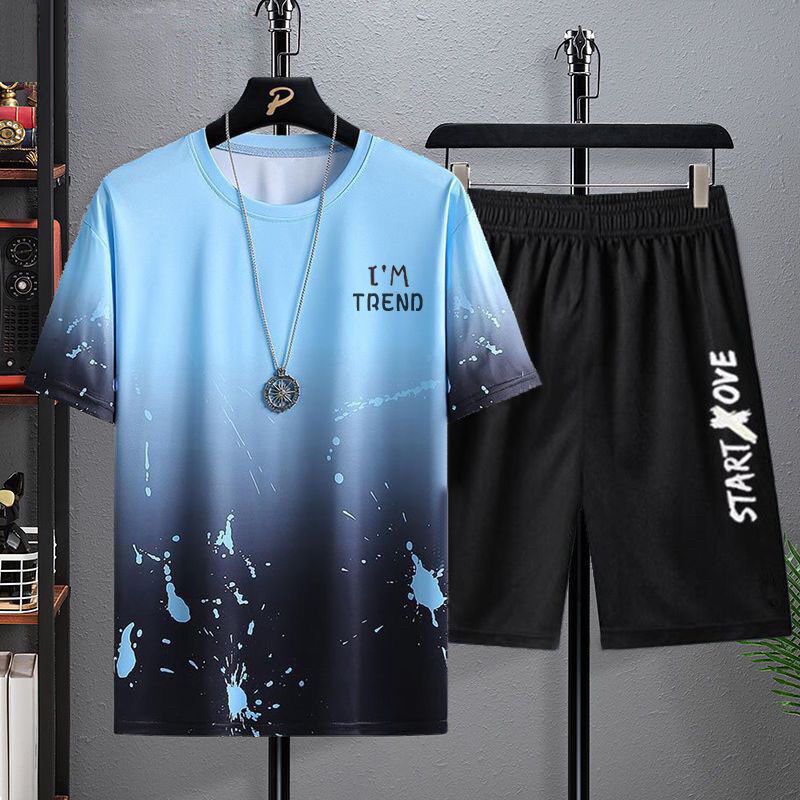 Completo sportivo casual da uomo in seta ghiacciata, stile sottile, alla moda, con pantaloncini a maniche corte, set di abbigliamento maschile_voghion.com