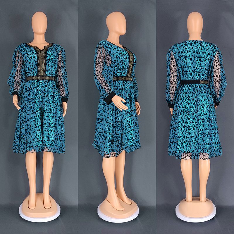 Damenbekleidung, mittellanger Rock, Spitzen-Mesh-Langarmkleid 8853_voghion.com