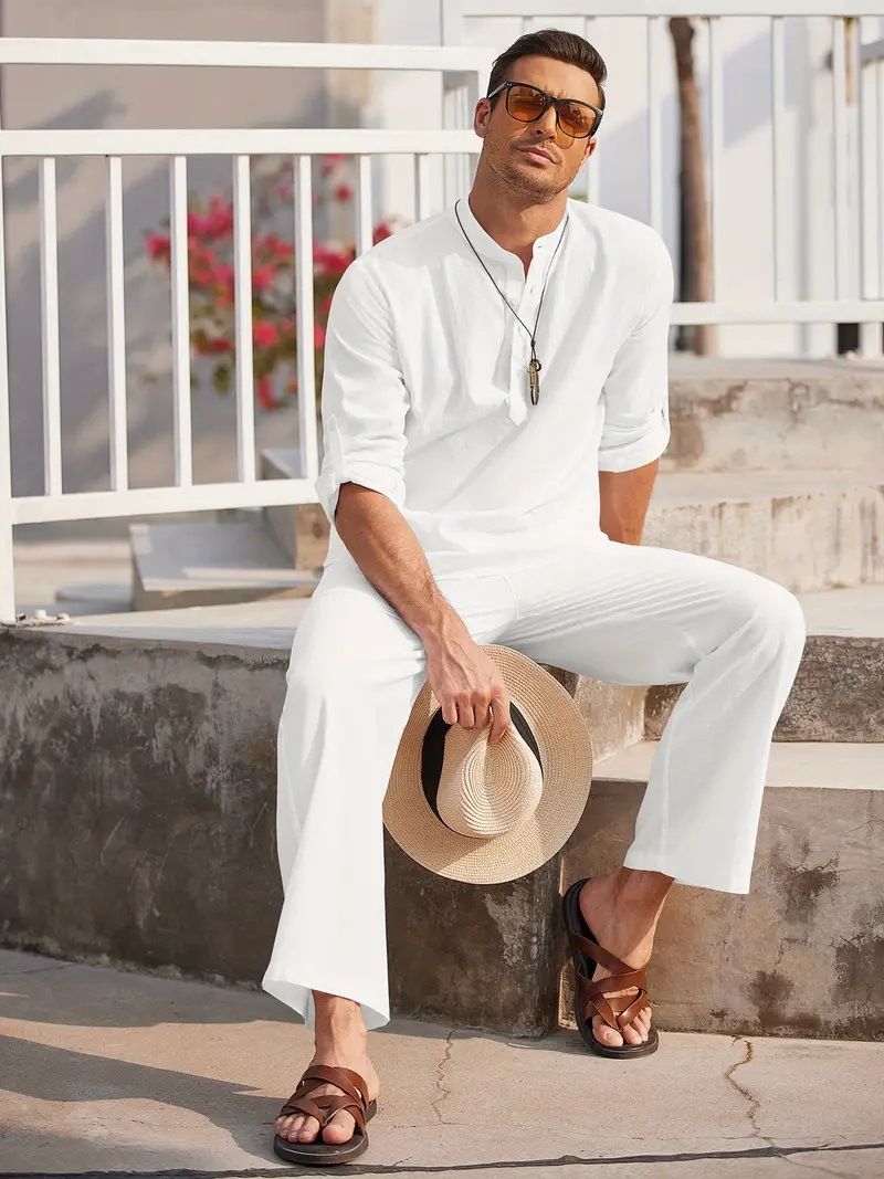 Îmbrăcăminte bărbătească de toamnă Produse noi Cămașă cu mânecă lungă din bumbac și in, culoare solidă, casual, costum de trend_voghion.com