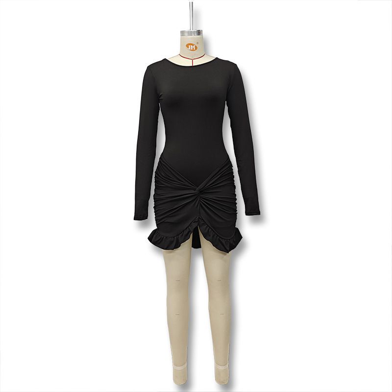Vestito corto aderente da donna, estivo, casual, a tinta unita, con scollo rotondo, maniche lunghe e plissettate, a portafoglio._voghion.com