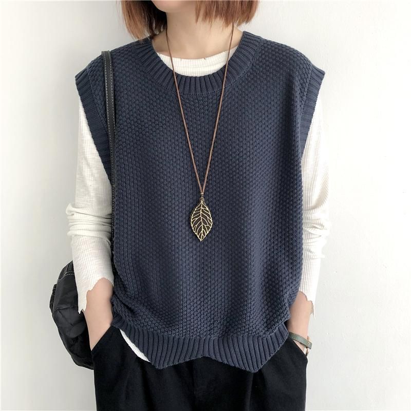 K Women's Knitted Vest; Pure Color, Loose, Round Neck, Irregular Pullover Short Cardigan._voghion.com