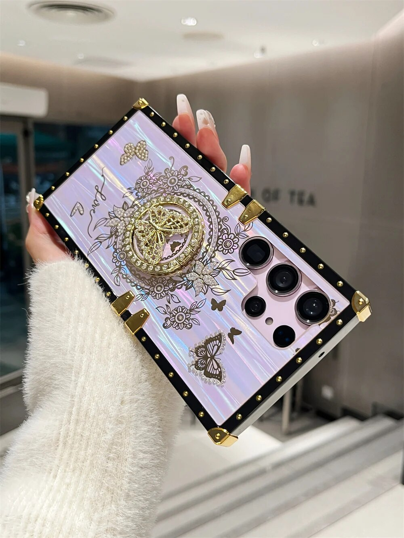 Custodia per telefono quadrata Aurora con supporto per farfalla glitterata per Samsung S24 S23 Ultra S21 S22 Plus pieghevole con anello per dito_voghion.com
