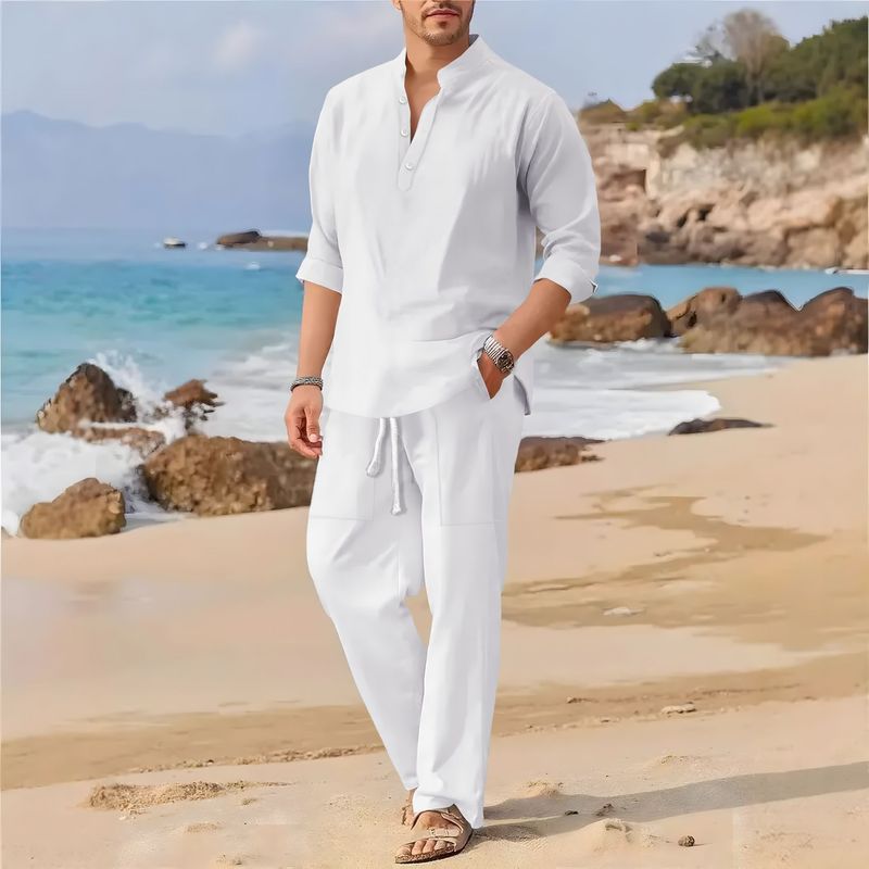 Completo da uomo in lino con camicia e pantaloni con colletto alla coreana, tessuto leggero e traspirante (bianco/grigio/nero/azzurro/rosa/kaki, S-XXL)_voghion.com