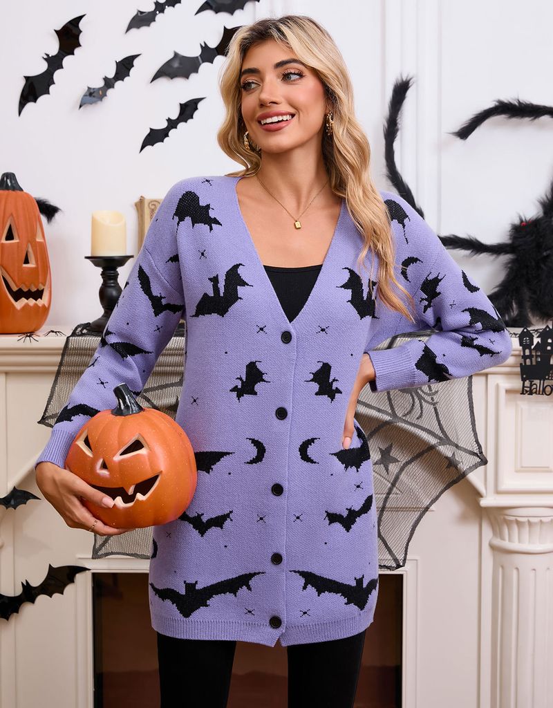 Casaco espanador jacquard Cyber Bat Cyber Bat Halloween 2025, cardigã grande de manga comprida com certificação OEKO-TEX® Classe II | Europeu_voghion.com