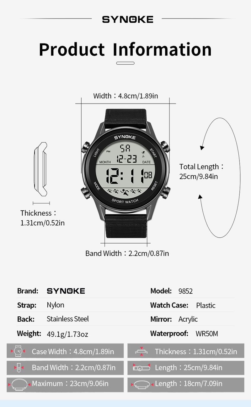 Reloj deportivo digital para hombre con correa de nailon, resistente al agua hasta 50 m, gran pantalla LED, luminoso, ideal para senderismo al aire libre, informal, moderno y con pantalla grande para estudiantes._voghion.com