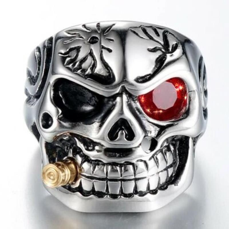 voor mannen met ingelegde diamanten eenogige draak sigaar schedel hoofdring Halloween sieraden_voghion.com