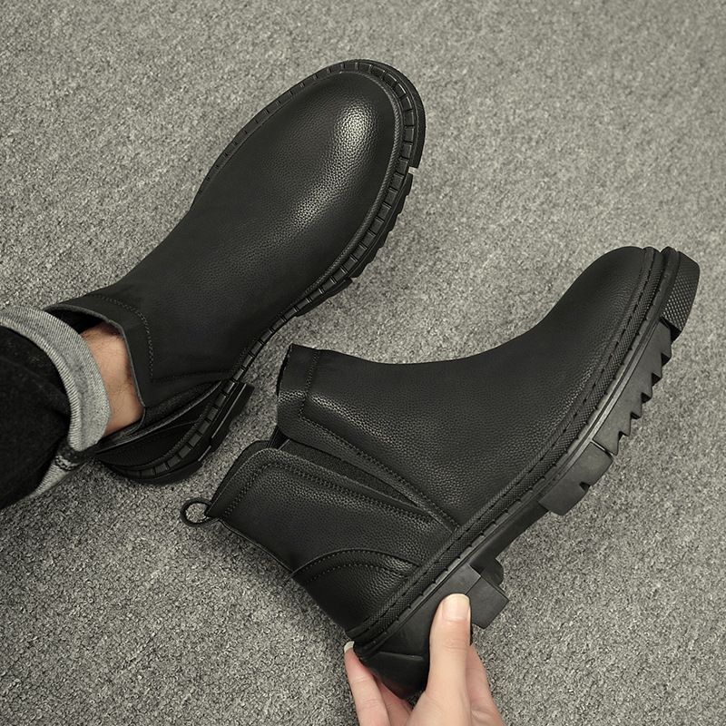 Glove Boots Trendy Men's Pure Black Mid-top Shoes Men's High-top Leather Shoes Heightening Chelsea Boots Men's Short Boots Leather Boots_voghion.com