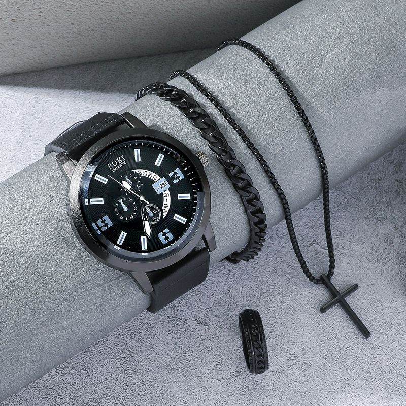 Niet-mechanisch horloge met drie wijzers, casual, zakelijk, kalender, stalen band, quartz polshorloge, eenvoudige kruisketting, armbandset_voghion.com