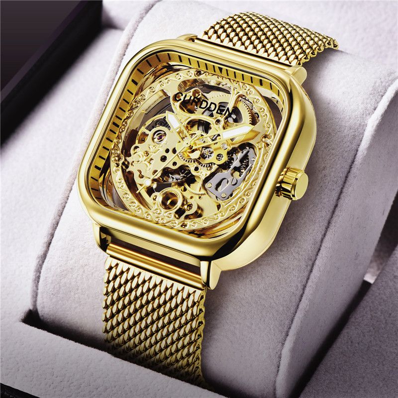 Men's Stainless Steel Automatic Mechanical Watch With Square Dial And Skeleton Design, Business Style, Water Resistant_voghion.com