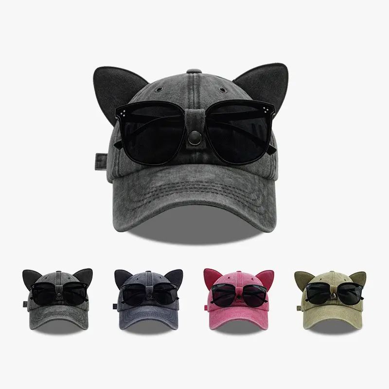 Nuovo simpatico cappello da pilota con orecchie di gatto con occhiali Berretto da baseball lavato con acqua Visiera parasole esterna regolabile Cappelli da sole Regalo unisex_voghion.com