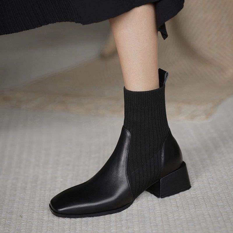 35-43 Large Size Shoes Thick Martin Women's 41 Square Toe Mid Heel Stretch Sock Knitted Slim Short Boots 42_voghion.com