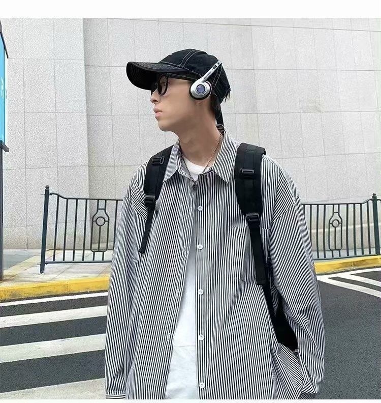 Giacca versatile da uomo alla moda, a maniche lunghe, a righe, versione coreana, alla moda, alla moda, vento pigro, famosa su Internet_voghion.com