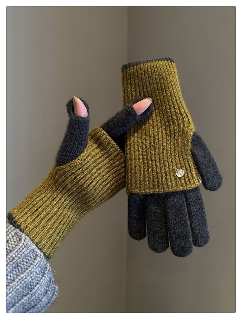 Milad Winter Dual-use Color-blocking Knitted Wool Gloves For Women, Fingerless, Touchscreen-compatible, Warm, Cycling,_voghion.com