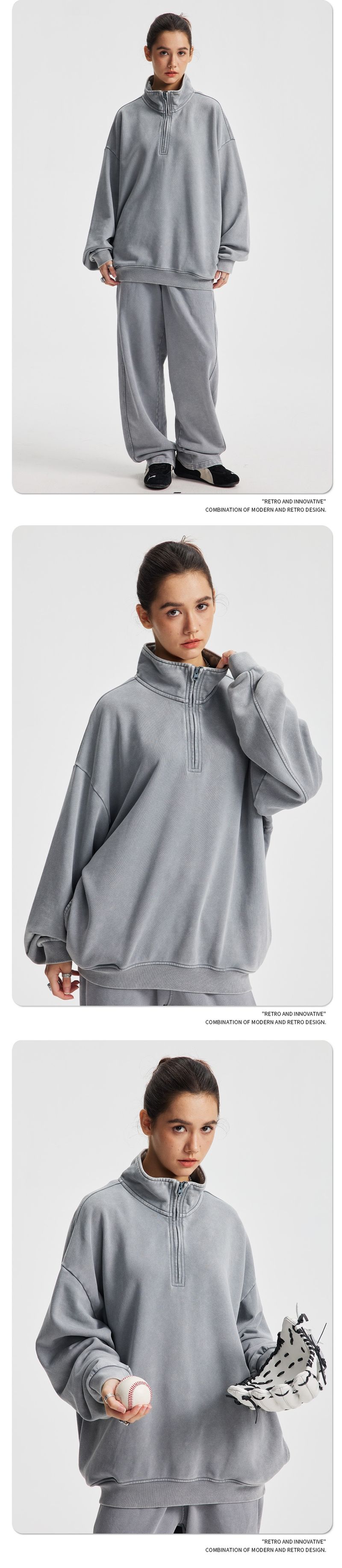 001 2025 Autumn Winter New Vintage Retro Terry Stand Collar Half-Zip Set Loose Trendy Brand Washed Sweatshirt Pants_voghion.com