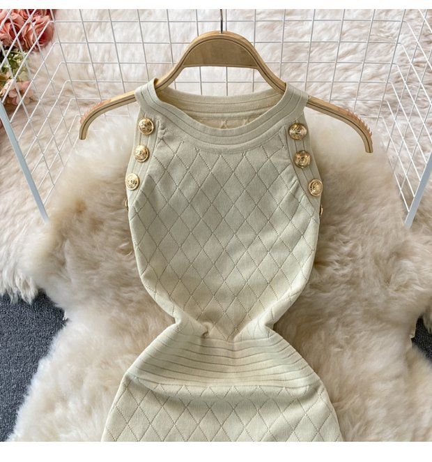 Damen Rundhals Ärmelloses Strick Neckholder Off-Shoulder Kleid Sexy Hüftbetontes Kurzrockkleid_voghion.com