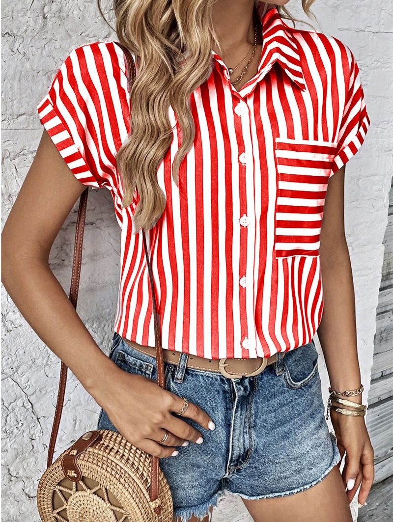 Women's summer V-neck pocket striped print shirt for women_voghion.com