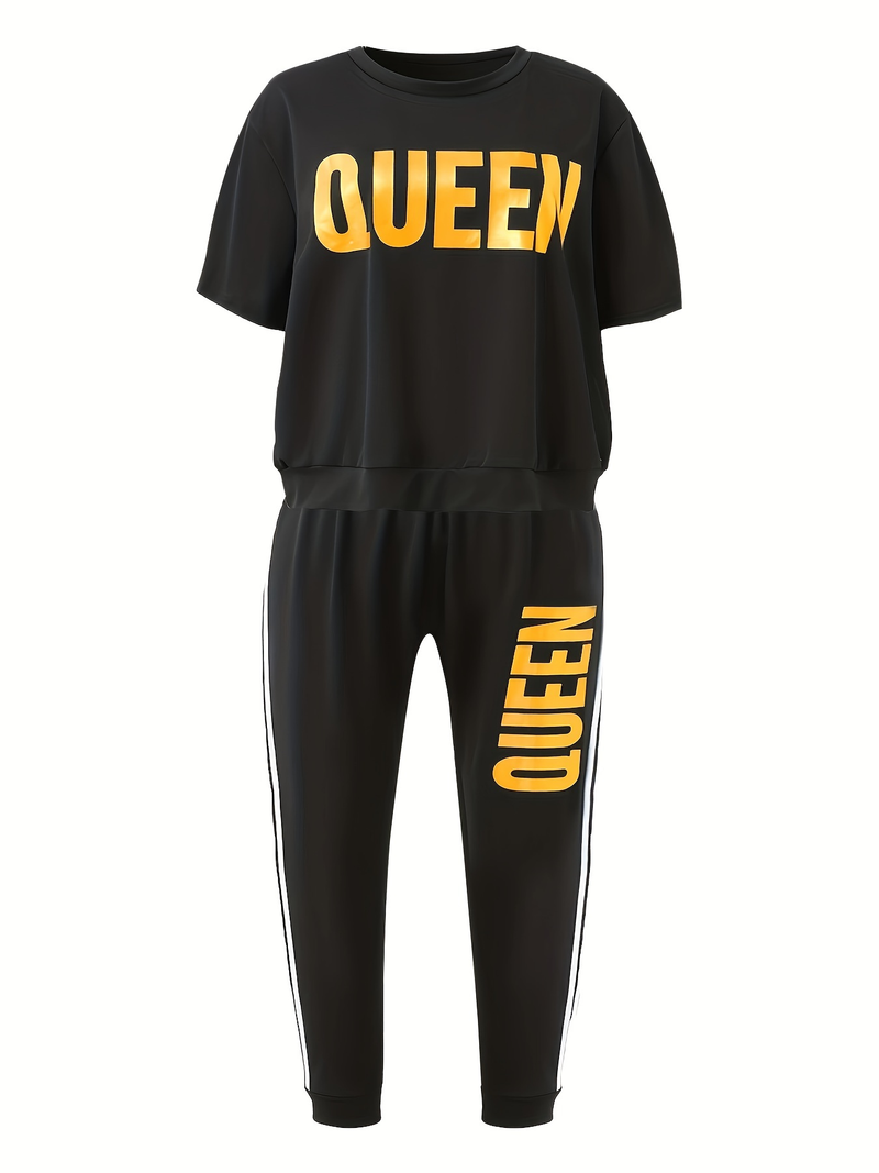 Kurzarm-T-Shirt und Hose in Übergröße mit Buchstabendruck, 2-teiliges Workout-Set mit mittlerem Stretchanteil für Damen, zweiteiliges Set in Übergröße für Damen_voghion.com