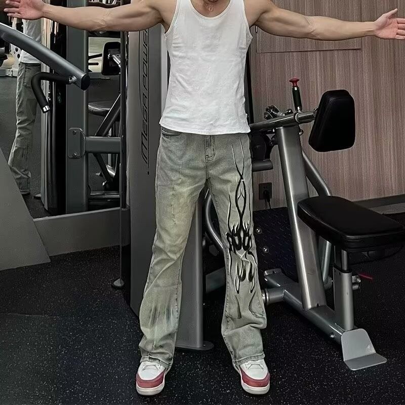 American High Street Washed Distressed Retro Flared Jeans Herren Flamme Afterimage Print Mopping Freizeithose_voghion.com