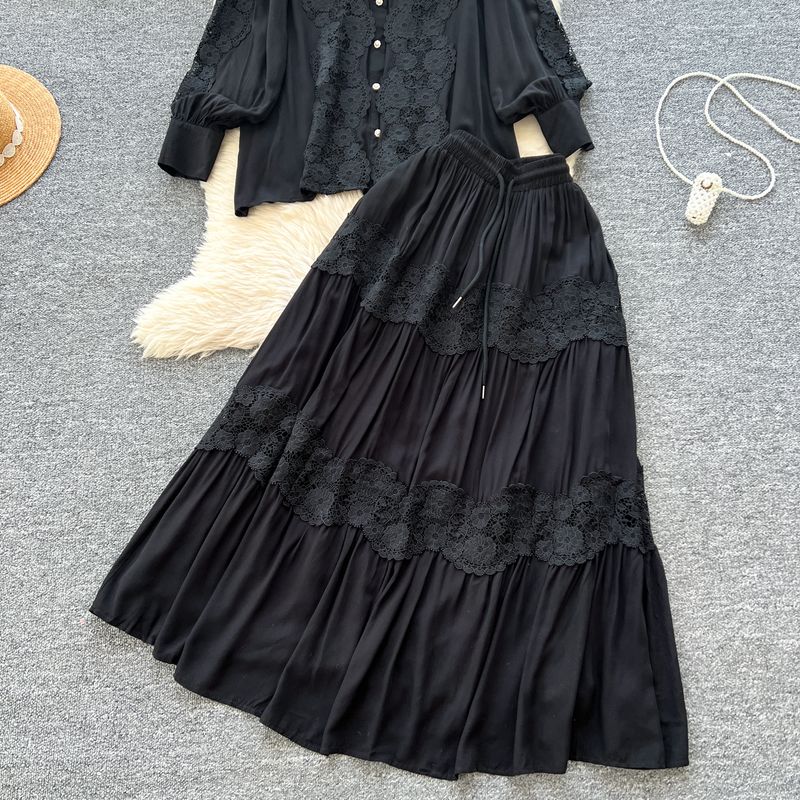 Damenbekleidung Frühling Zweiteiliger Anzug für Frauen im Palaststil Retro Hohle Spitzennähte Langarmhemd Hoch taillierter Rock_voghion.com