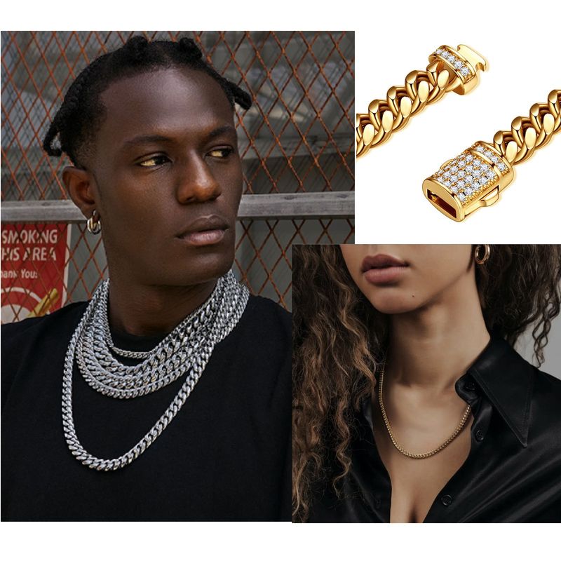 Cross Border E Commerce Delivery Men's Gold Cuban Necklace White Zircon Micro Inlaid Lock Encryption Chain 6mm 14mm_voghion.com