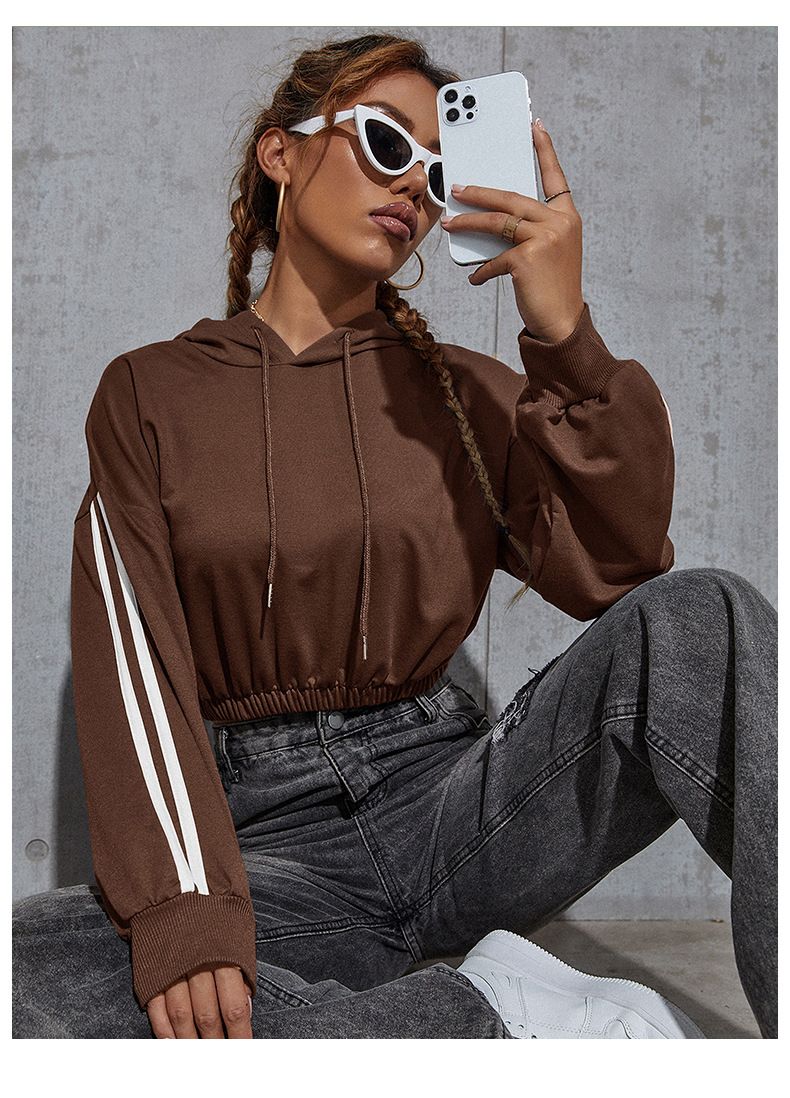 Felpa con cappuccio corta casual a blocchi di colore da donna, autunno nuovo_voghion.com