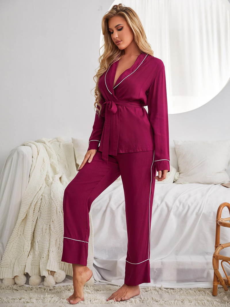 Dametøj pyjamas til kvinder rød langærmet cardigan pyjamas til kvinder derhjemme og kan bæres udenfor_voghion.com