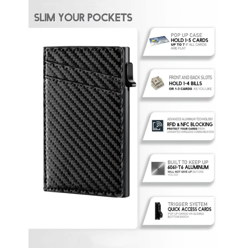 Ny Carbon Fiber Metal Herre tegnebog Stor kapacitet Automatisk kortudkastning Kreditkort etui Læder Aluminiumslegering Kortholder_voghion.com
