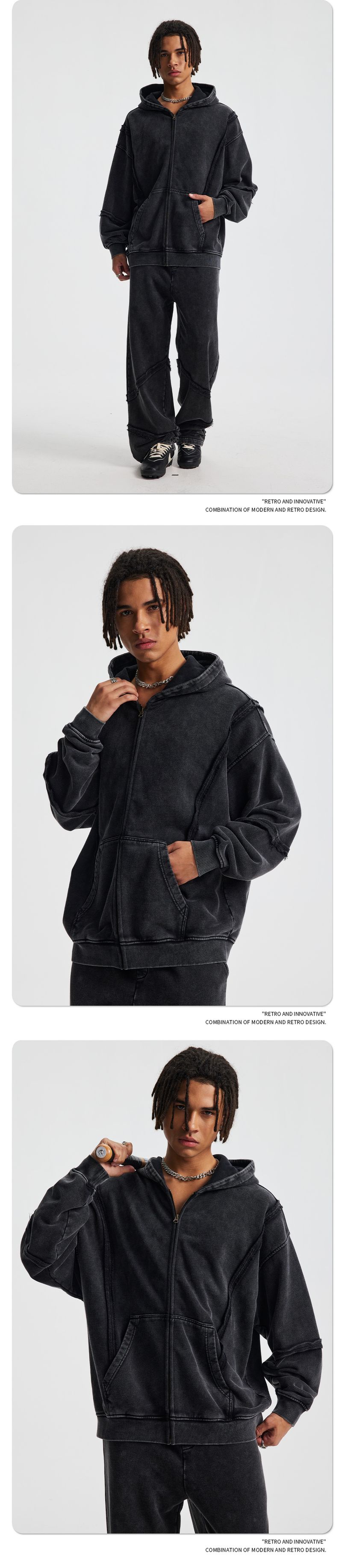 Sweatshirt-Set – Kapuzenpullover und Jogginghose mit Metallreißverschluss im Used-Look, Unisex-Streetwear, Oversize-Passform (verwaschenes Schwarz/Dunkelgrau/Graugrün, S-XXL)_voghion.com