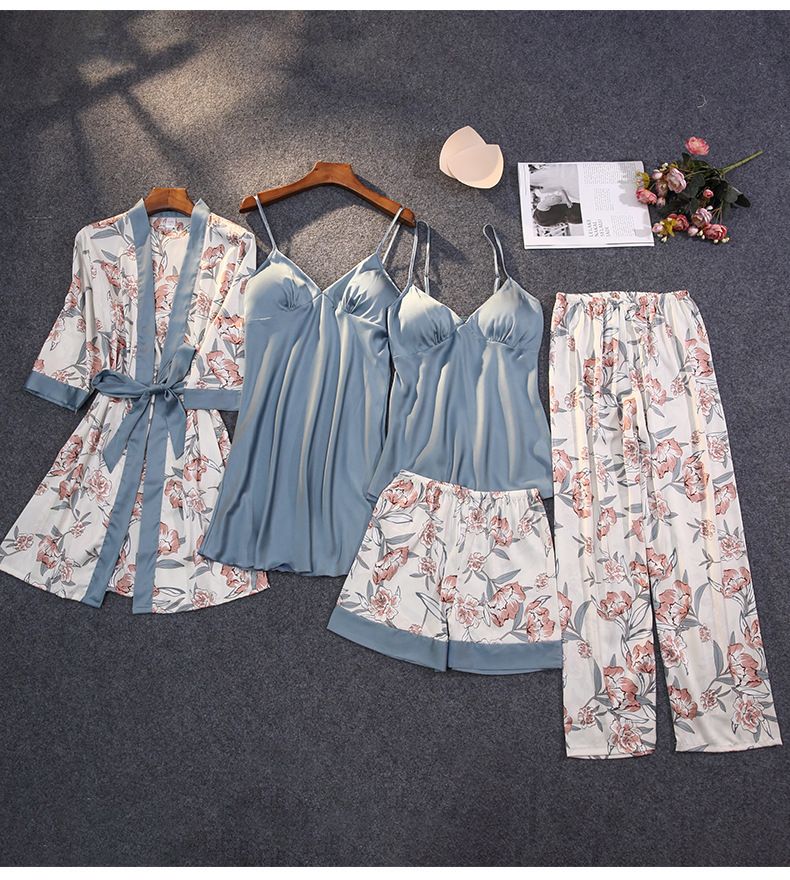 Large size five piece women's summer sexy suspender printed pajama set with colored dice_voghion.com