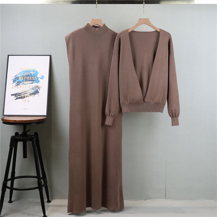 Damenbekleidung, modische Anzüge für Damen im Herbst, ärmelloser, langer Strickrock mit langärmeligem, tiefem V-Ausschnitt, zweiteiliger Anzug_voghion.com