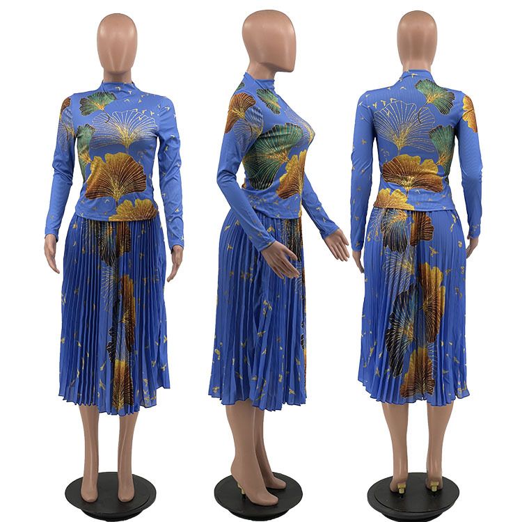 Maglietta attillata classica da donna, plissettata, alla moda, stampata, lavorata a maglia con motivo a mais + gonna ampia a vita alta_voghion.com