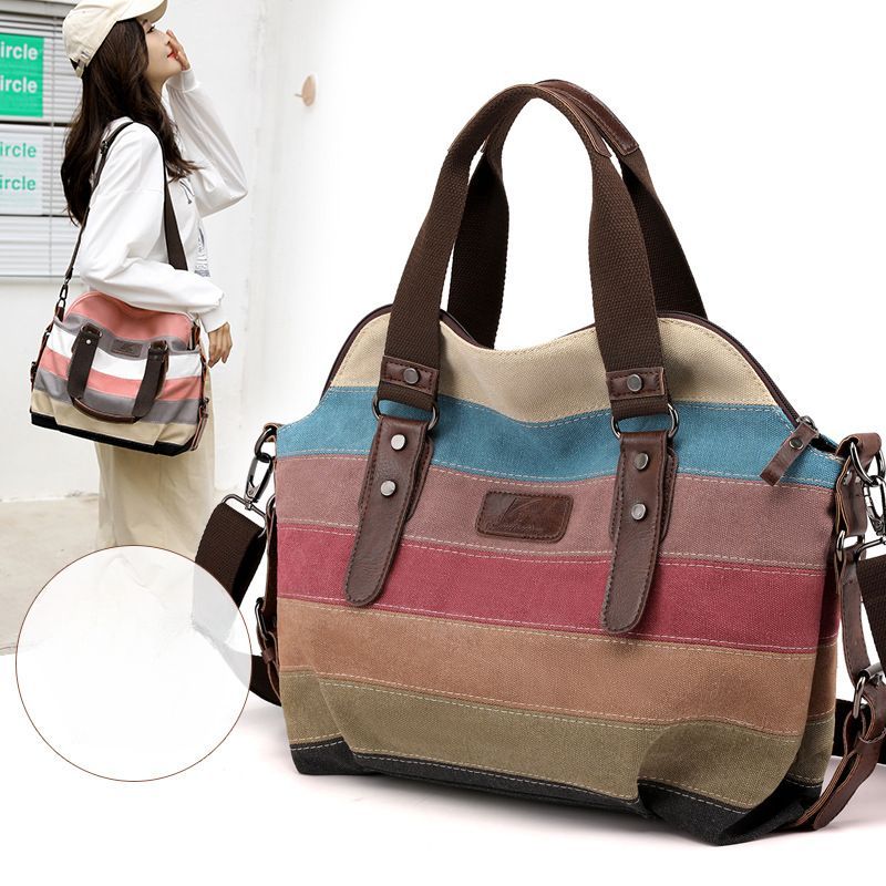 Canvas Contrast Color Women's Handbag Shoulder_voghion.com