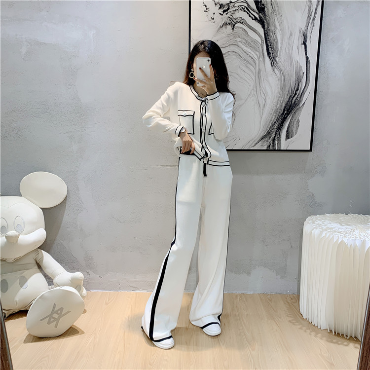 Women's fashion professional suit age-reducing temperament knit cardigan style wide leg pants two-piece set_voghion.com