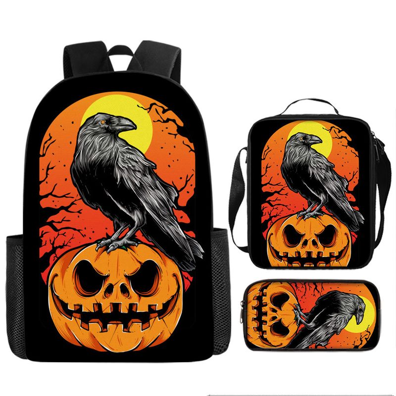 Halloween backpack pumpkin ghost three piece set primary and secondary school students backpack children's backpack shoulder bag pencil case_voghion.com
