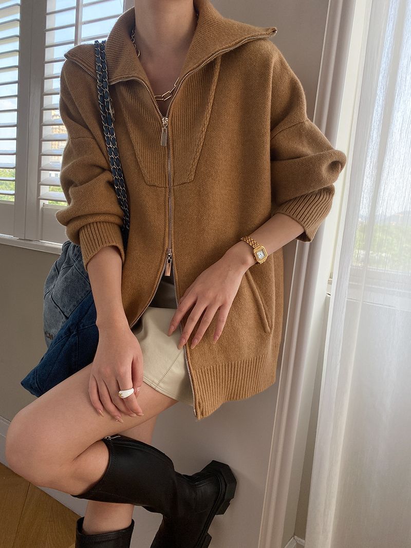 Damenbekleidung: Übergroße Strickjacke mit Reißverschluss und Schalkragen – gemütlicher und stylischer Pullover für Damen (Grau, Beige, Marineblau, Kamel)_voghion.com