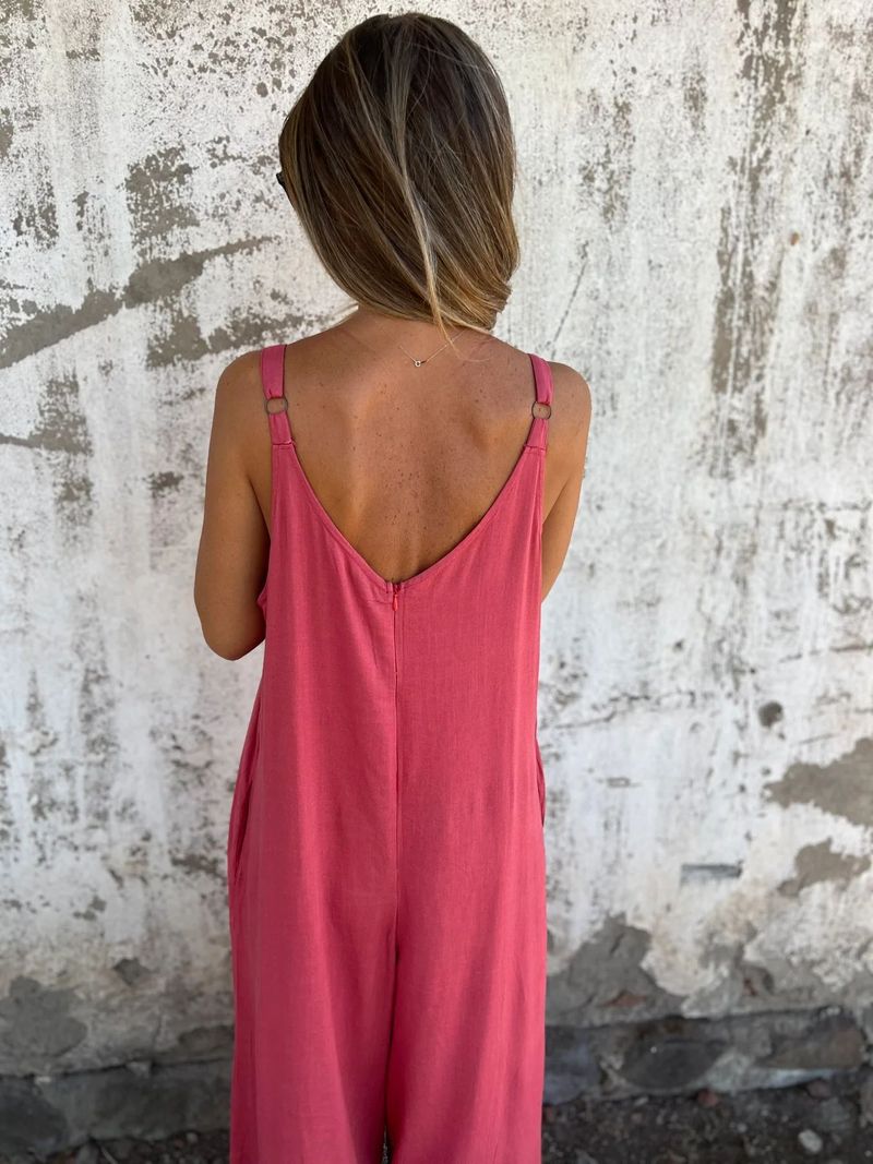 Women's Clothing Solid Color Summer New Cotton And Linen Pocket Loose Casual Sling Jumpsuit_voghion.com