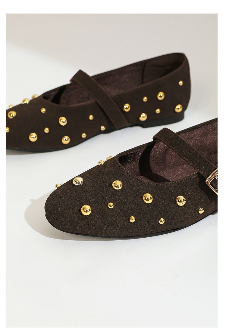 Rivet Decorated Round Toe Ballet Flats Fashionable And Versatile Single Shoes One Strap Ballet Mary Jane Shoes_voghion.com