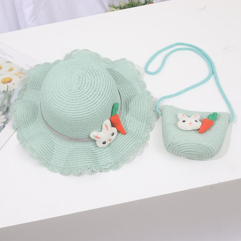 Piccolo set di cappelli da spiaggia con ombrellone in paglia per bambini e bambine, con bordo ondulato fresco_voghion.com