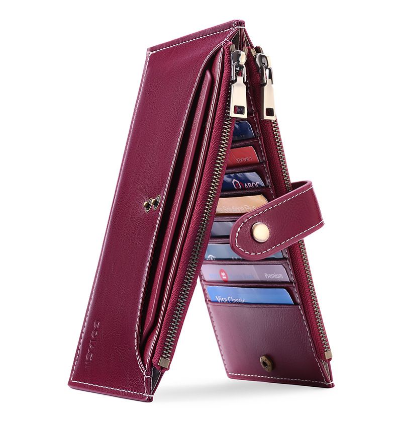 Large Capacity Women's Oil Wax Cowhide Vintage Card Bag Multi-Card Zipper Mobile Phone Bag Multifunctional Wallet_voghion.com