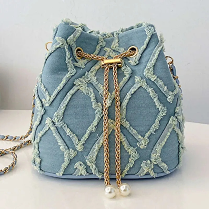 Bucket Dia Denim Pattern Women Shoulder Drawstring Jean Purse Adjustable Strap Hot Travel Bag_voghion.com