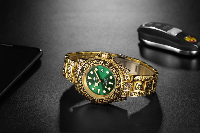 Relógio masculino clássico preto com design gravado intrincado, superluminoso, resistente à água, movimento de quartzo, pulseira de aço inoxidável_voghion.com