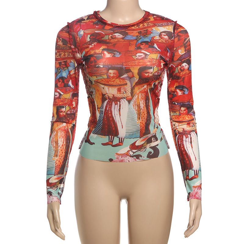 T-shirt slim à manches longues et col mi-haut pour femme, imprimé abstrait, coupe ajustée_voghion.com